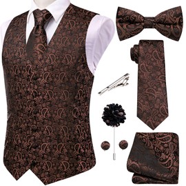 Hi-Tie Bronze Mens Vest Bowtie Set Silk Paisley Formal Suit Vest Jacquard Tie Handkerchief Cufflinks 5PCS Dress Waistcoats Wedding