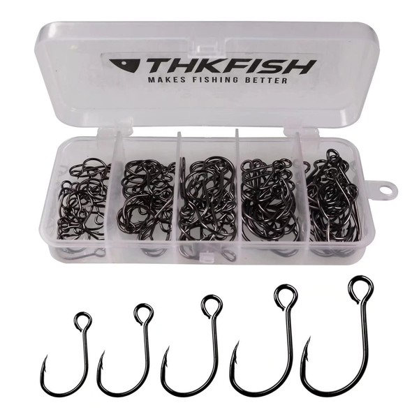 THKFISH 50pcs/Box Inline Single Hooks Replacement Fishing Hooks for Lures Baits Inline Circle Hooks Large Eye with Barbed Saltwater freshwater #2#1 1/0 2/0 3/0 Black