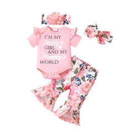 SUNNY PIGGY Newborn Baby Girl Clothes Infant Outfits Romper Floral Fall Outfit Bell Bottoms Pant Sets Hat Headband Flowerpant Pink 3-6M