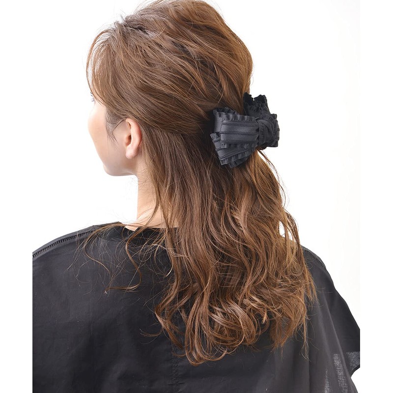 VINGTAINE H7415-BK- Ruffled Ribbon Hair Claw Hair Clip Head Access