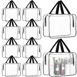 10 Pack Large Clear Cosmetic Bags, Clear Makeup Bag with Handle Plastic Toiletry Bag Travel Makeup Organizer Tote Bags Storage Pouches Bulk with Zipper for Beach, Traveling, Shopping