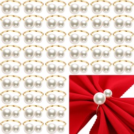 Sliner 50 Pcs Pearl Napkin Rings Set Gold Napkin Ring Holders Delicate Serviette Ring Buckle for Wedding Thanksgiving Christmas Family Gathering Birthday Banquet Party Table Supplies