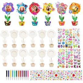 DMSESRLS Pack of 12 Wooden Flowers for Painting, 3D Flowers Craft Set Children's Birthday with DIY Flower Wooden Picture Frame, Colourful Brush, Glitter Stickers, Wooden Flowers for Crafts and