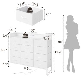 ELYKEN White LED Dresser for Bedroom, 50‘’W Dresser with 12 Drawers and Charging Station, Fabric Chest of Drawers with PU Finish Storage Drawers for Entryway Closet Living Room Hallway