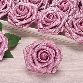 BLEUM CADE 16Pcs Artificial Flowers Fake Roses with Stems, Pink Glitter Boxed Foam Roses for DIY Bouquets Centerpieces Wedding Party Arrangement Bridal Shower Decor