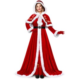 AOTHSO 4 Pieces Women Christmas Deluxe Mrs. Claus Costume Set Velvet Dress Hooded Cloak Cape Gloves Belt for Cosplay Party