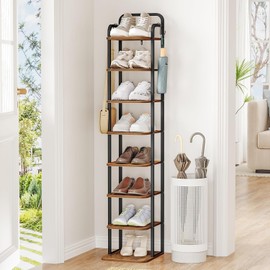 Hzuaneri 8 Tiers Vertical Shoe Rack, Narrow Shoe Tower, Tall Shoes Shelf with 2 Hooks, Adjustable Shelves, Corner Shoes Shelves for Small Spaces, Entryway, Living Room, Rustic Brown SR04301B