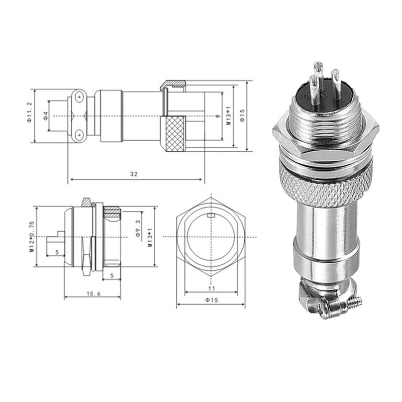 Aiqeer 5 Pcs 3-Pin GX12 Aviation Connector, 12 mm Thread