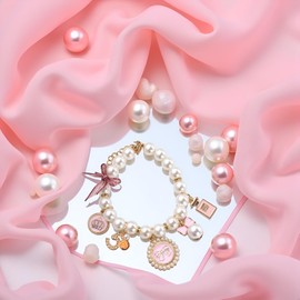 ZGLUZP Pink Dog Pearl Collars Pet Necklace Princess Bow Necklace Sweet Pink Bow Cute Puppy Accessories Cat Jewelry Pearl Neck Strap for Cat Adjustable Dog Jewelry Collars(S)