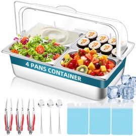 DRINTON Cold Serving Tray, 4 Pans Ice Cooled Condiment Dispenser Serving Container, Food Grade Stainless Steel Divided Fruit Veggie Tray Display with PC Roll Lid for Parties Home Commercial Buffet Use