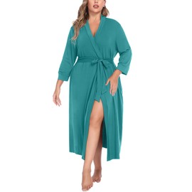 IN'VOLAND Womens Plus Size Kimono Robes Long Knit Bathrobe V Neck Ladies Loungewear Lightweight Soft Sleepwear(Blue,5X)
