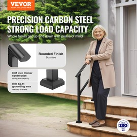 VEVOR Handrails for Outdoor Steps, 2 PCS 2 Step Stair Hand Rail Kit, Transitional Carbon Steel Railings with Installation Kit, Stair Rails for Seniors, Concrete & Porch & Deck, Black Square Tube