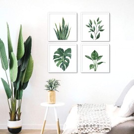 ArtbyHannah 10x10 Inch 4 Panels Framed White Picture Frame Collage Set for Wall Art Décor with Watercolor Green Leaf Tropical Botanical Plant Prints for Home Decoration