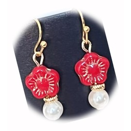 The New Red and Gold Tone Flower and Pearl Dangle Earrings Ideal for Creating Unique Accessories and Decorations KATE1O00876