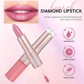 Metallic Lipstick Pink Lipstick Lip Gloss 2 IN 1, Long Lasting Light Pink Glitter Metallic Lip Gloss Waterproof Non-Stick Cup Diamond Glitter Lipgloss Creamy Formula