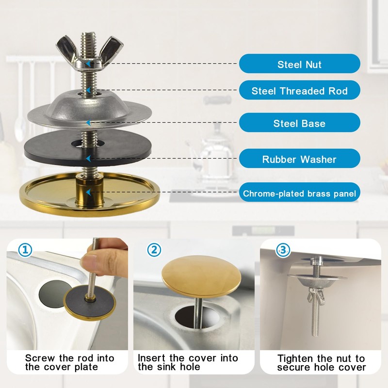 XNTONG - Sink Hole Cover, Sink Overflow Cap, Solid Brass