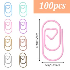 100PCS Heart Paper Clips 0.78inch Colorful Cute Paper Clips Metal Journaling Papers Clamps Mini Color Decorative Papers Clip for Office School Home Desk Organizers Document Note Organizing