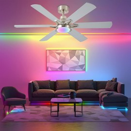 52in Ceiling Fans with Lights RGB Ceiling Fan with Light and Remote/APP Control,Low Profile Ceiling Fans with Lights for Bedroom,Living Room,Kids Room,3CCT Dimmable Modern Ceiling Fan, 8 Speeds,Nickel