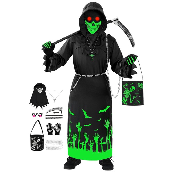 Invoibler Halloween Grim Reaper Costume Set for Kids Glow in