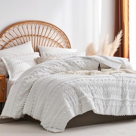 sponwilar 7 Pieces Queen Comforter Set, White Tufted Boho Shabby Chic Bed in a Bag Comforter and Sheet Set, All Season Soft Microfiber Complete Bedding Set (White, Queen)