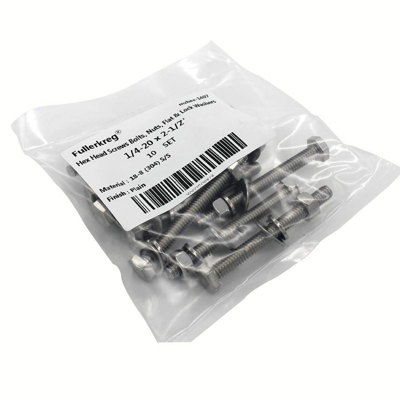(10 Sets) 1/4-20x2-1/2" Stainless Steel Hex Head Screws Bolts, Nuts,