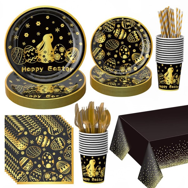 Easter Party Supplies,Happy Easter Disposable Tableware Set, 129Pcs Including Paper