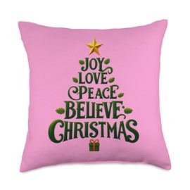 Cute Green JOY LOVE PEACE BELIEVE CHRISTMAS Tree Girls Pink Throw Pillow