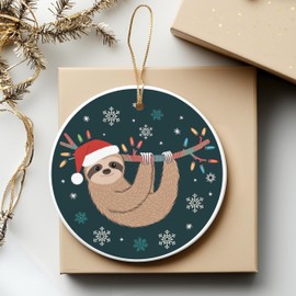 Whimsical Sloth Round Ceramic Ornament 3 inches with Santa Hat and Colorful Christmas Lights for Holiday Cheer