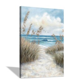 Abstract Beach Picture Wall Art: Sandy Path to Ocean with Sea Grass Artwork Painting for Bedroom (45'' x 30'' x 1 Panel)