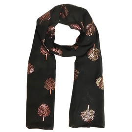 World of Shawls Silver Foil Mulberry Tree Print Fashion Scarf (Black With Rose Gold Foil Mulberry Tree)