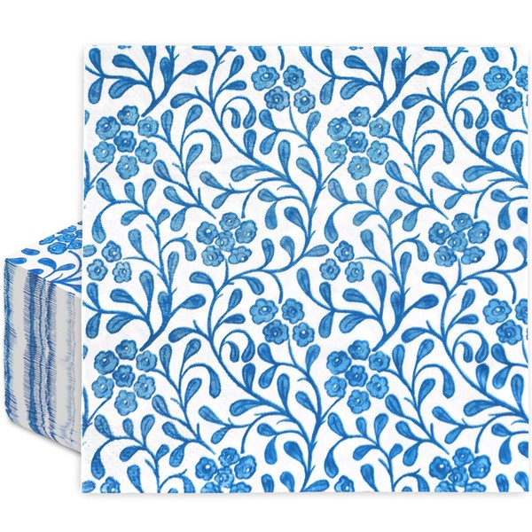 JarThenaAMCS 80Pcs Blue Floral Paper Napkin Flower Luncheon Napkin Dessert