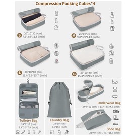 Anjing Compression Packing Cubes Set, 8 Set Travel Organizer Bags with Nylon Fabric, Zipper Closure, Gray - Includes Clothing, Underwear, Cosmetic, Shoe, Drawstring Bags for Luggage Organization