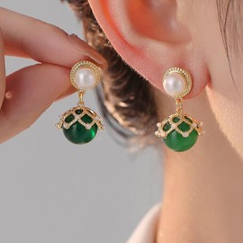 Vintage Earrings for Women, Unique Ethnic Colorful Waterdrop Peacock Dangle Earrings Statement Rhinestone Pearl Green Agate Long Earrings for Teen Girls Jewelry Gifts (Vintage6)
