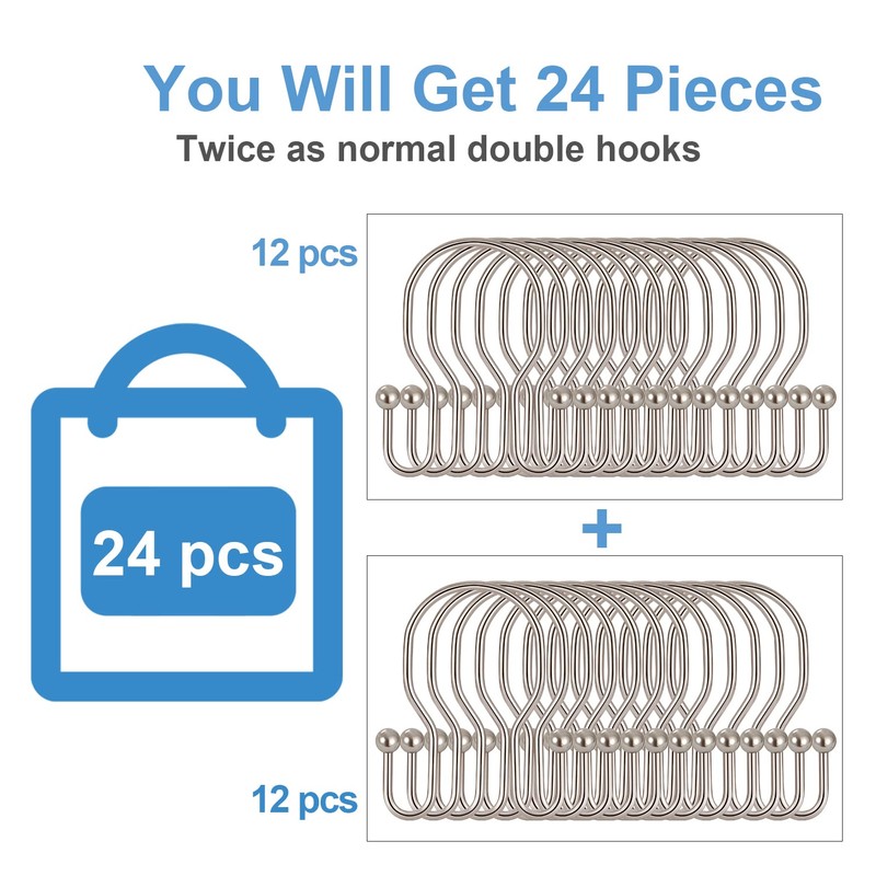 24 Pack Double Shower Curtain Hooks Rings, TENOVEL Double Sided