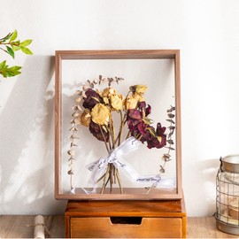 Wooden Dried Flower Photo Frame Dried Flower Display Stand Decorative Floating Photo Frame,Double Sided glass,for Display Dried Flowers,Handicrafts (Walnut color-8x12)