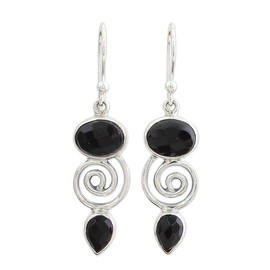 NOVICA Artisan Handmade Onyx Dangle Earrings Sterling Silver from India [pendant(s) 1.4 in L x 1.8 in W 22 in min L x 28 in max L x 0.2 in W] ' Romantic Journey'
