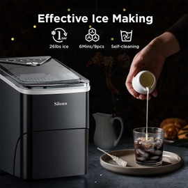 Silonn Countertop Ice Maker, Auto-Cleaning Portable Ice Machine with Ice Scoop and Basket, 26lbs in 24Hrs, 9 Ice Cubes Ready in 6 Mins, 2 Sizes of Bullet Ice for Home Party