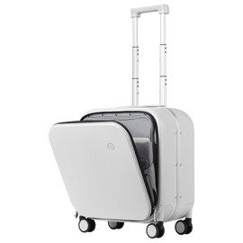 mixi Carry On Luggage, 18” Suitcase with Front Pocket, Travel Luggage Aluminum Frame PC Hardside with Spinner Wheels & TSA Lock and Cover (Not for Underseat), Smoke White