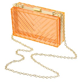 SUIKIHUM Acrylic Clear Evening Clutch Bag for Women, V-Design Handbags Neon Hard Frame with Chains Party Purse for Wedding Prom Party (Orange, Gold)