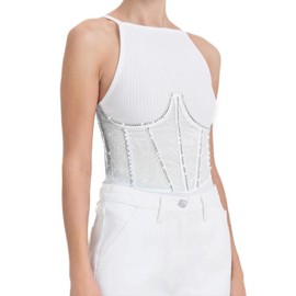 TOPMELON Lace Glitter Underboob Corset Underwire Boned Underbust Corset Belt Waist Corset Open Cup Rhinestone Push Up Corset White XL