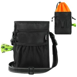 Aosbos Dog Treat Pouch with Built-in Poop Bag Dispenser & Easy-Clean Liner - Dog Training Treat Bag with Reflective Strap & Belt Clip, Black Orange