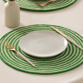 Round Placemats, Jute Placemat, Natural Handmade, 38 x 38 cm, Pack of 2, Green Stripes