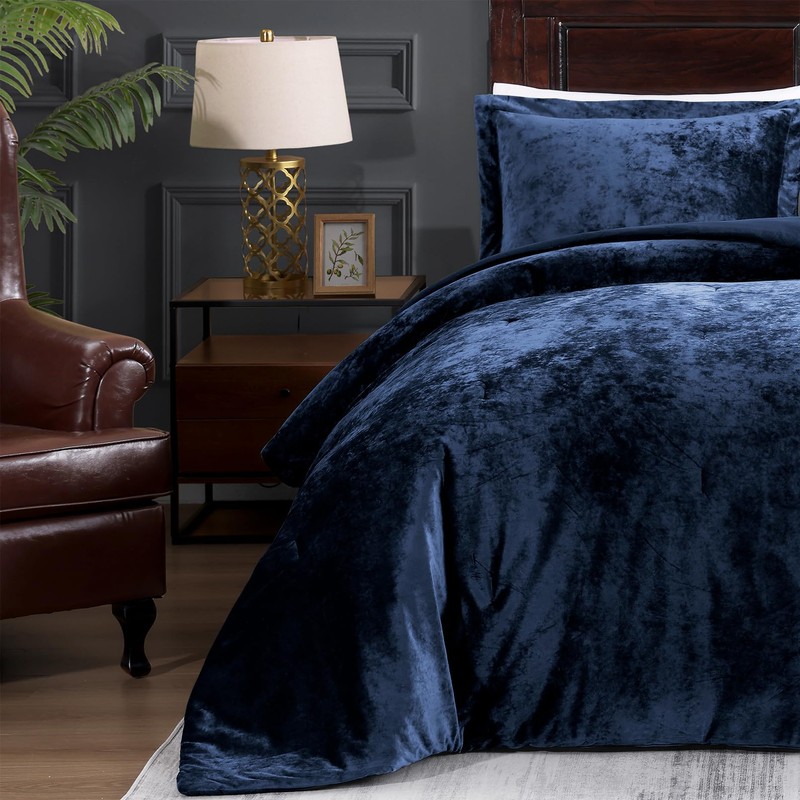 TAMGHO Navy Blue Velvet Comforter King Set 3pc, Blue Velvet