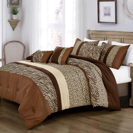 ESCA 6 Pieces Zebra Leopard Animal Printed Comforter Set Queen Size Madge Brown Bedding