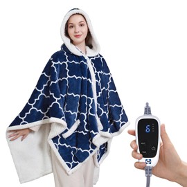 Sealy Wearable Heated Throw Blanket, Flannel & Sherpa Electric Throw Shawl Poncho with Hoodie & Pocket, 6 Heating Levels & 2-10 Hours Auto Shut Off, Machine Washable, 50x60 Inch, Navy