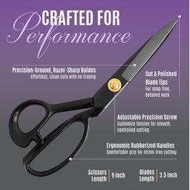 Professional 9 Inch Sewing Scissors for Fabric Cutting - Ultra Sharp, Heavy Duty Fabric Shears for Smooth, Precise Cuts on All Fabrics and Leather, for Tailors, Dressmakers, Crafters, and Artists
