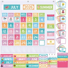 Sinload Classroom Calendar Pocket Chart Set Calendar Bulletin Board Set Seasons Festival Weather Pocket Chart for Classroom Decoration with 3 Metal Hooks Back to School Supplies (Lively,Colorful)