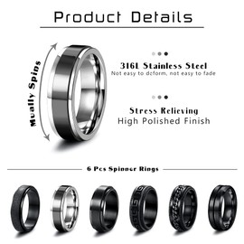 JeweBella 6 Piece Stainless Steel Rings for Men Spinner Rings Set Vintage Wide Black Rings Rotating Chain Rings Vintage Spinner Ring Men Wedding Promise Band Rings Size 54-70, Stainless Steel