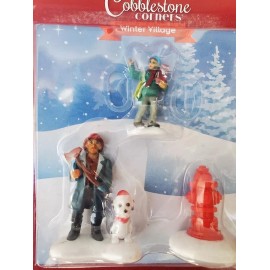 Greenbrier International Cobblestone Corners Christmas Miniatures Winter Village Fireman Dog Hydrant 3 Pc