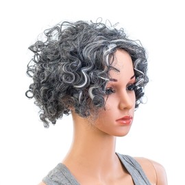 SWACC 12-Inch Old Lady Cosplay Granny Wig Short Silver Gray Grandmother Curly Wigs for Women and Kids with Wig Cap